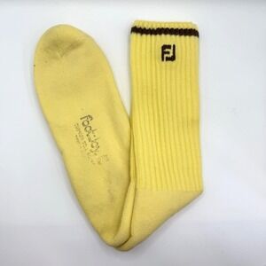 VTG FootJoy Yellow Ribbed Crew Socks USA Made Brown Stripe FJ Logo 17"‎